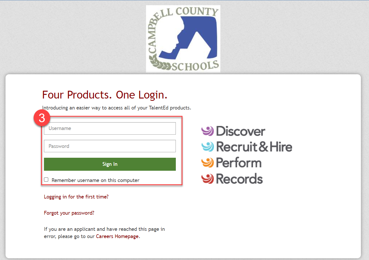 Screenshot of the TalentEd login screen. The username, password, and Sign-In button are highlighted. 