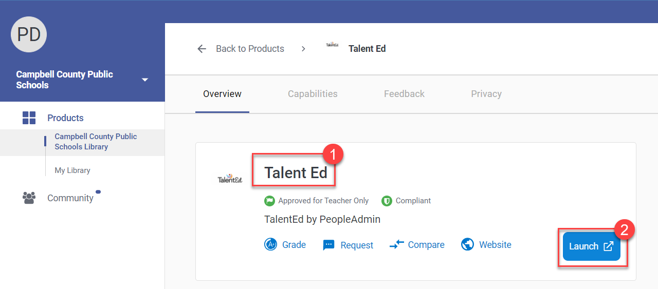 Screenshot of the LearnPlatform page for TalentEd. The Launch button is highlighted.
