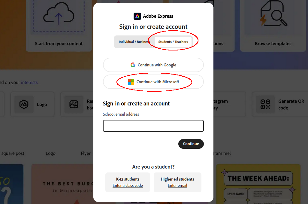Screenshot of the Adobe Express login screen with Students/Teachers and Continue with Microsoft highlighted.